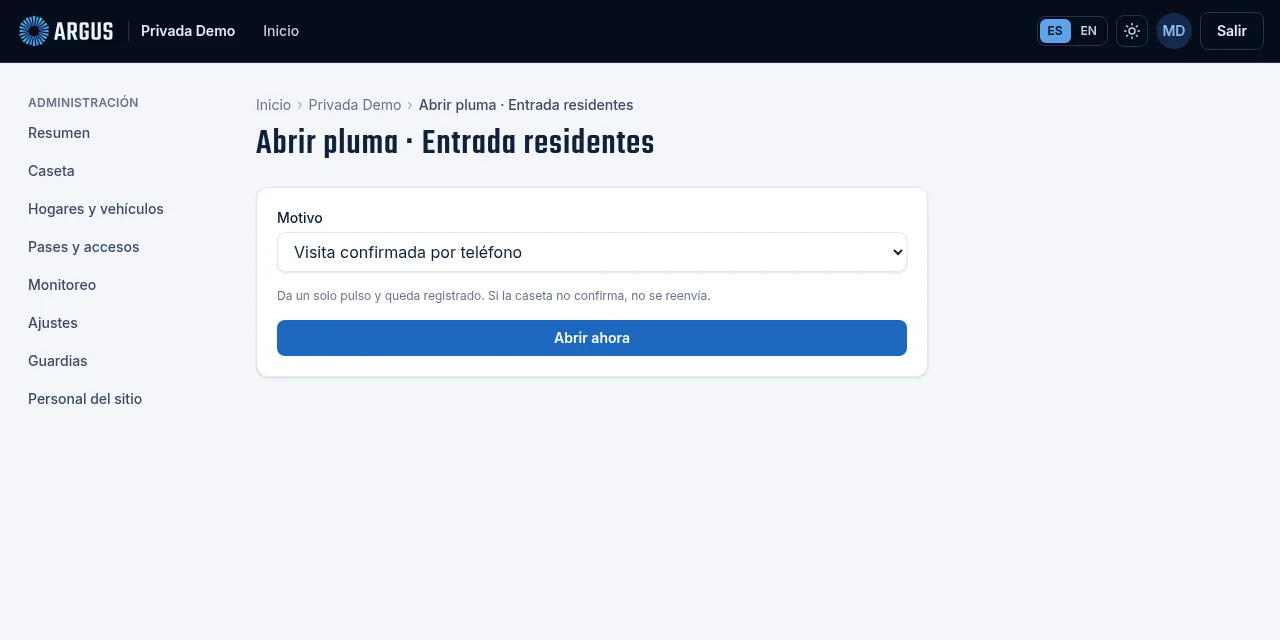 La pantalla Abrir pluma con la lista de motivos y el botón Abrir ahora