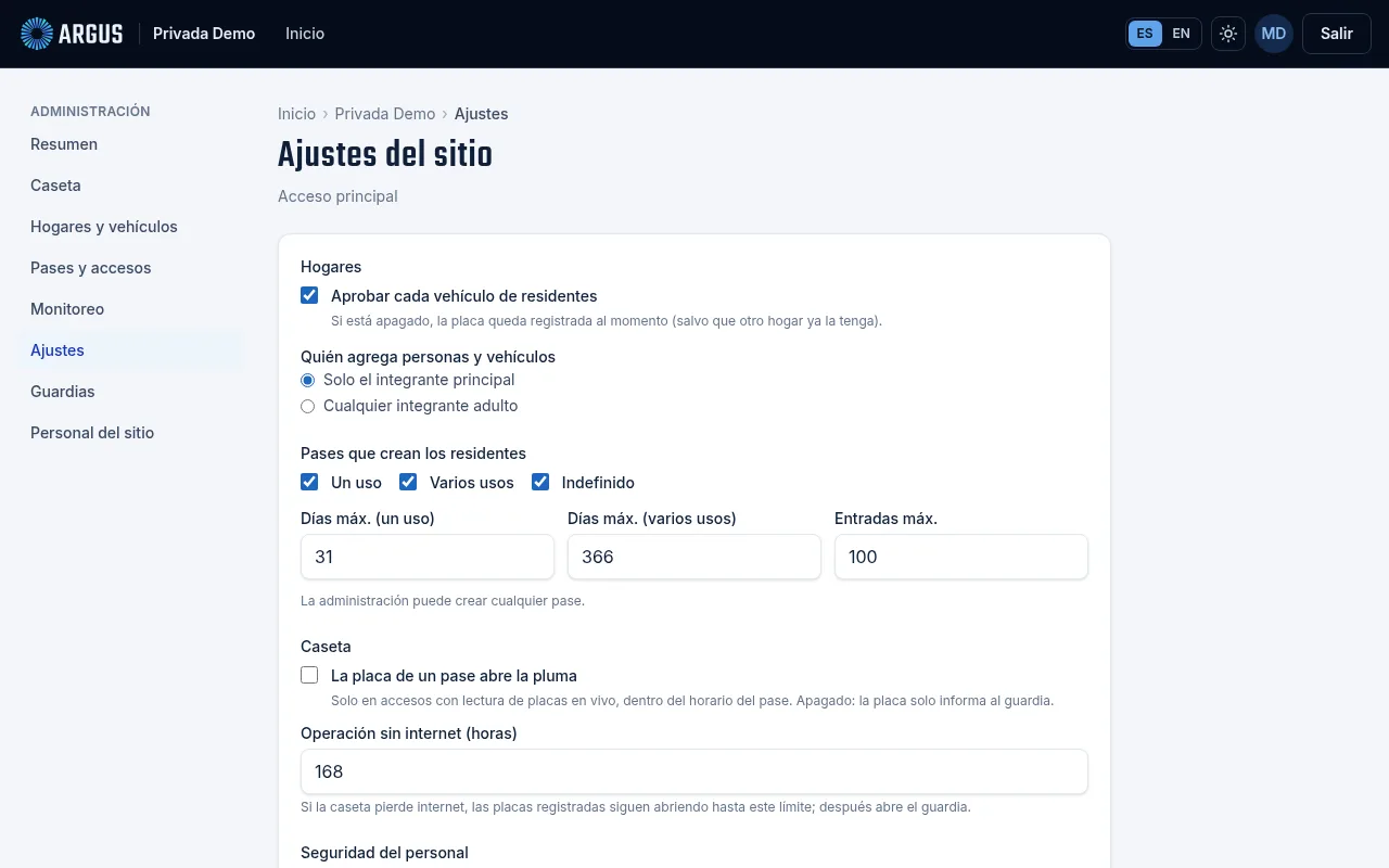 La página Ajustes del sitio