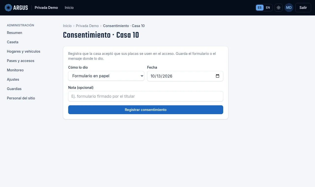 El formulario para registrar el consentimiento, con la forma, la fecha y la nota