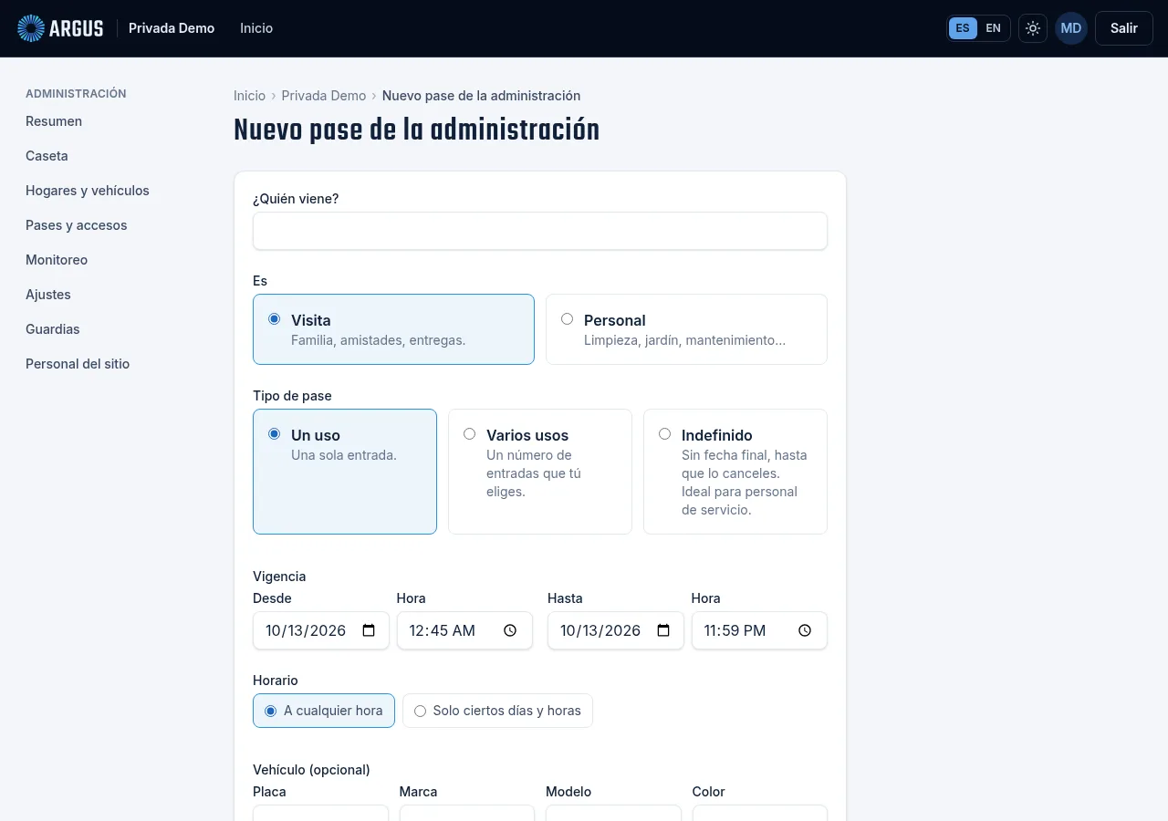 El formulario Nuevo pase de la administración con quién viene, el tipo de pase, la vigencia y el horario