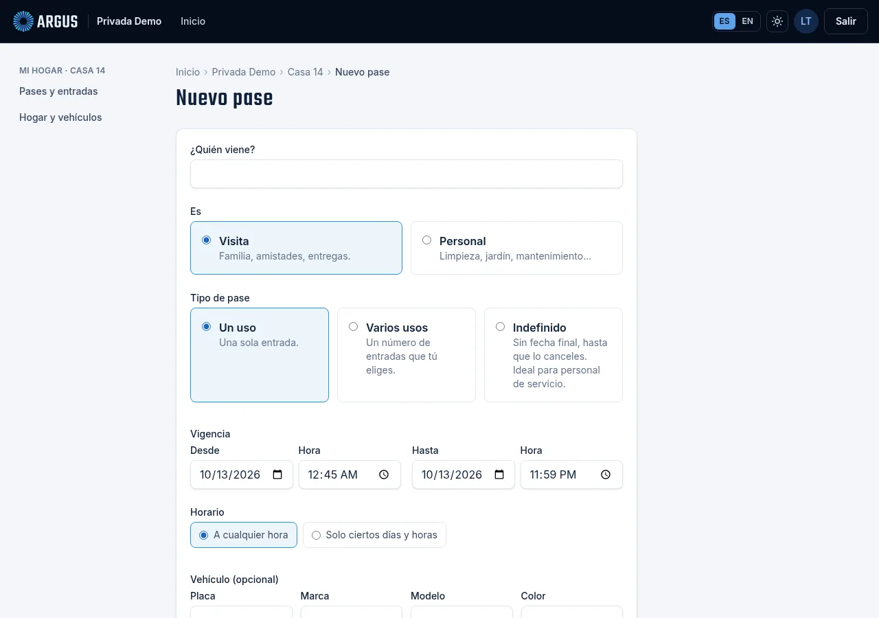 El formulario Nuevo pase: quién viene, si es visita o personal, el tipo de pase, la vigencia y el horario